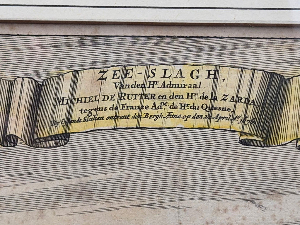 Antieke Handgekleurde Kopergravure 'Zee-Slagh van Michiel de Ruyter' (1676) – Daniel Stoopendaal