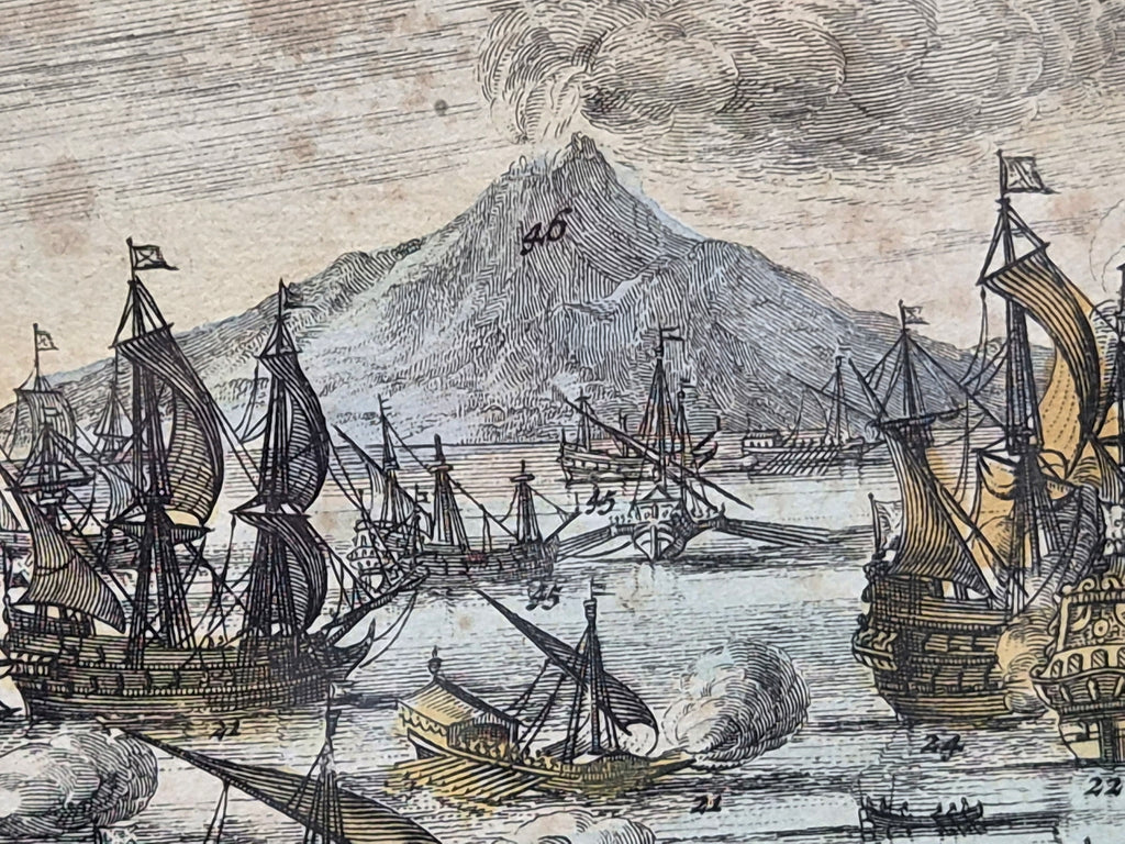 Antieke Handgekleurde Kopergravure 'Zee-Slagh van Michiel de Ruyter' (1676) – Daniel Stoopendaal