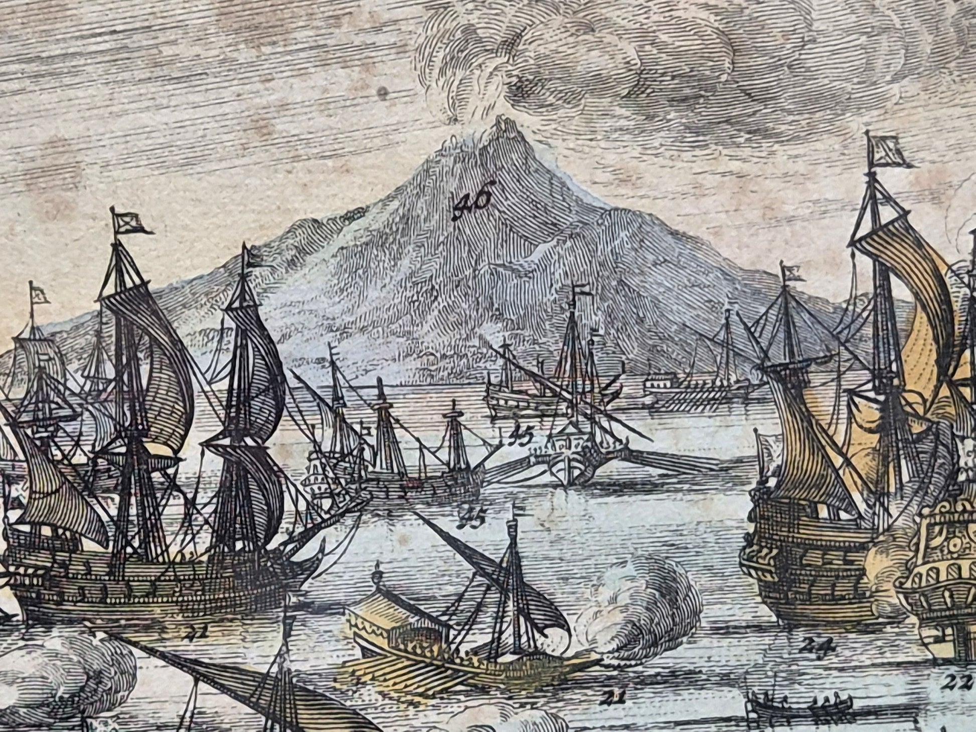 Antieke Handgekleurde Kopergravure 'Zee-Slagh van Michiel de Ruyter' (1676) – Daniel Stoopendaal