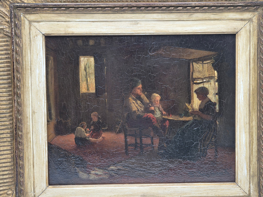 Schilderij in houten lijst, brede opname met familie aan tafel en raam in achtergrond