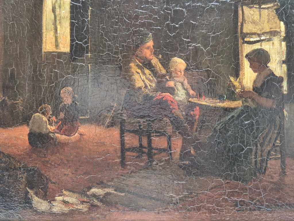 Ingelijste schildering met meerdere personen rondom tafel, gebarsten verf en venster