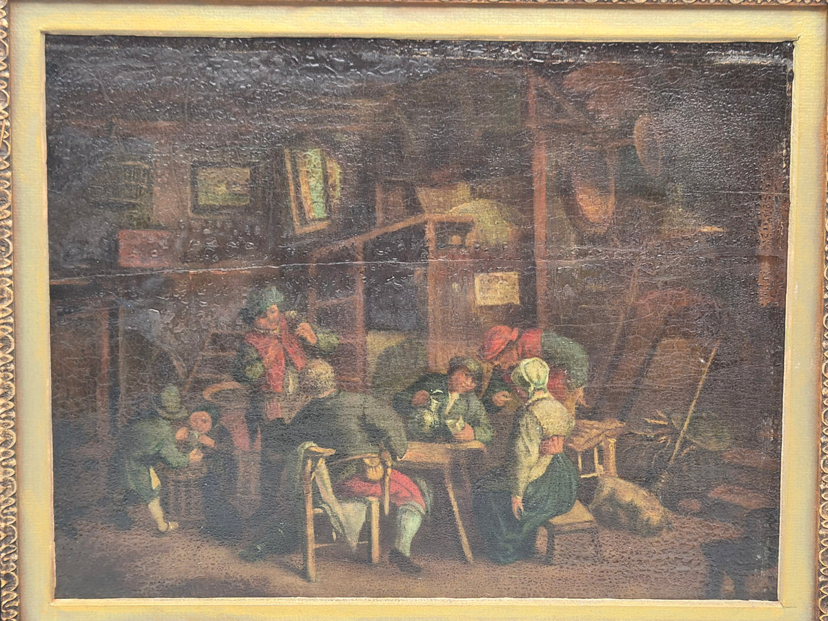 18e-eeuws olieverfschilderij op eiken paneel – Herberginterieur – Noordelijke School – ingelijst