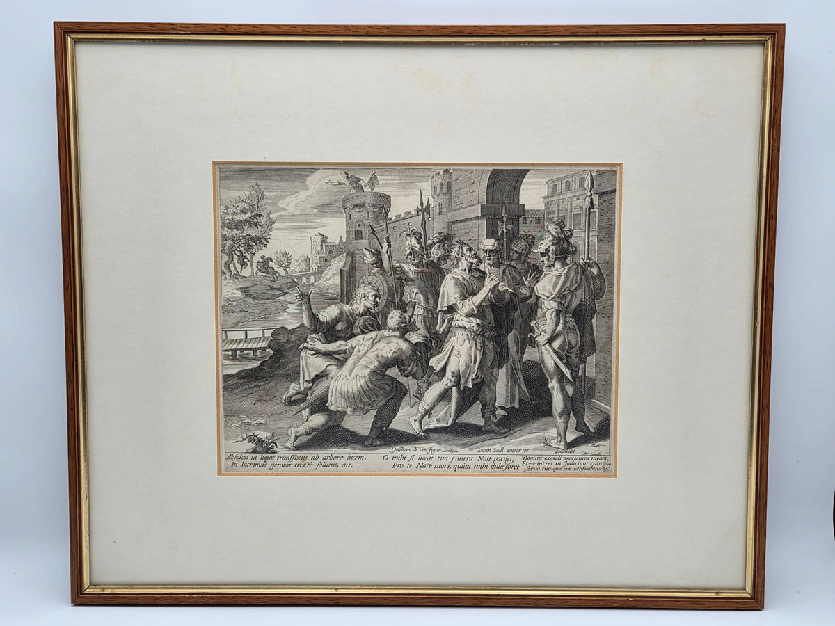 16e-eeuwse Kopergravure – Maerten de Vos & Johann Sadeler – David treurt om Absalom, 1586