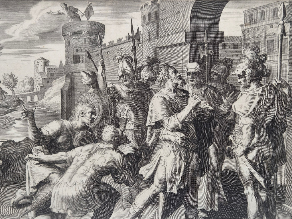 16e-eeuwse Kopergravure – Maerten de Vos & Johann Sadeler – David treurt om Absalom, 1586