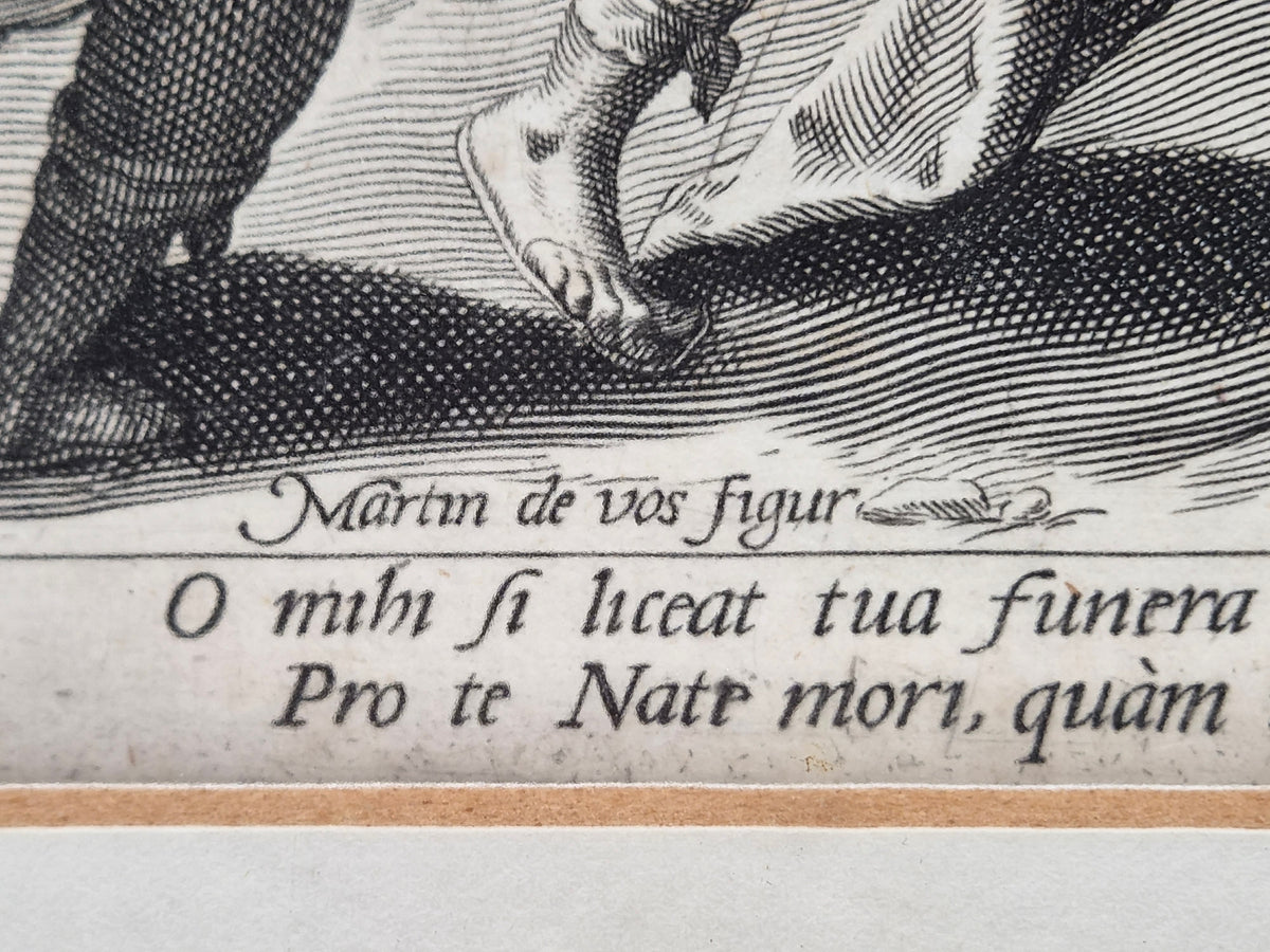 16e-eeuwse Kopergravure – Maerten de Vos & Johann Sadeler – David treurt om Absalom, 1586
