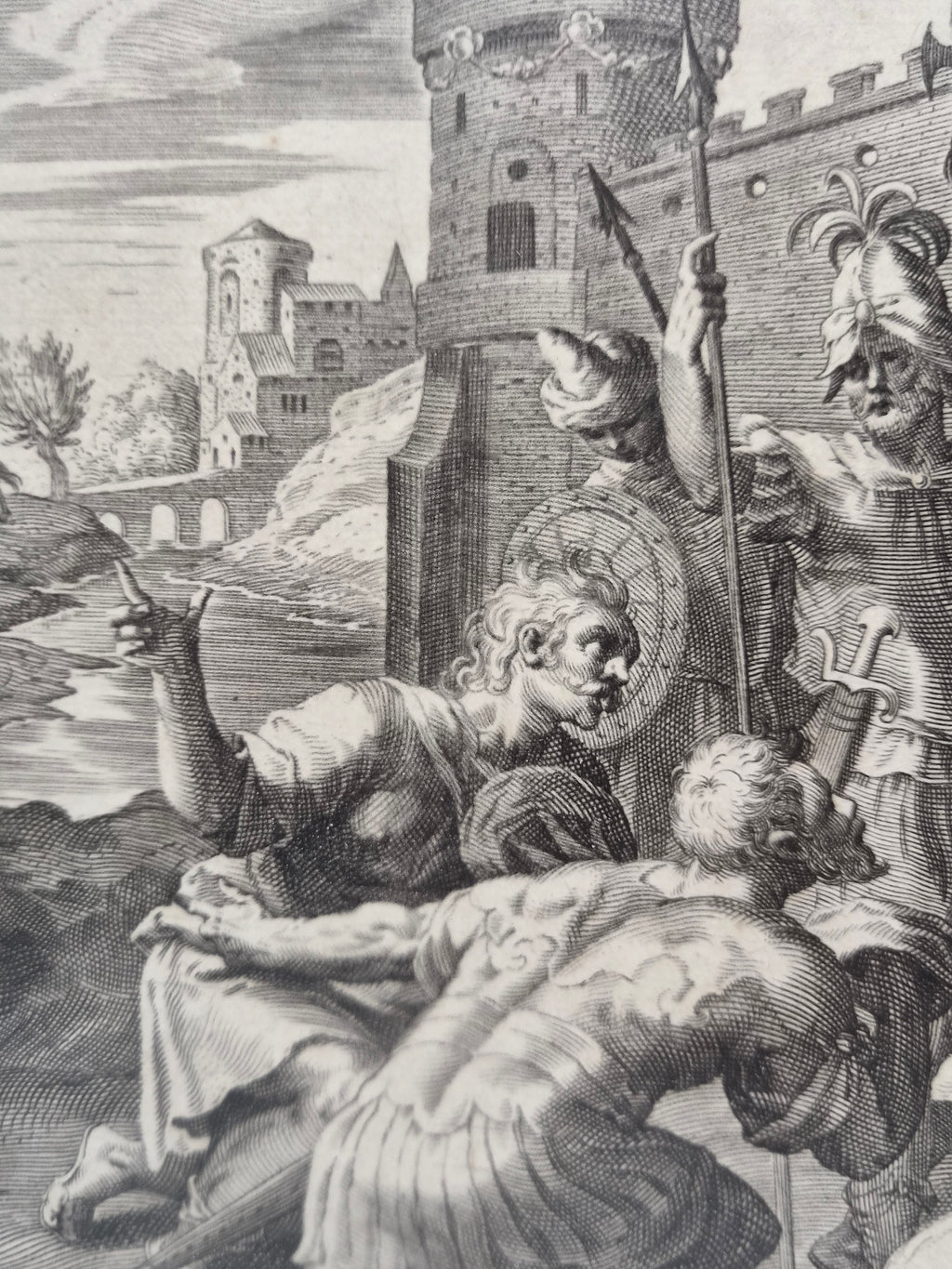 16e-eeuwse Kopergravure – Maerten de Vos & Johann Sadeler – David treurt om Absalom, 1586