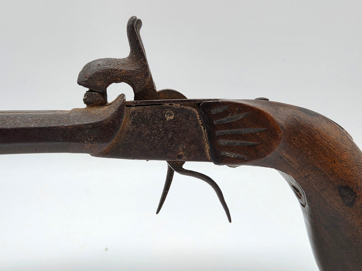 Antiek Dubbelloops Percussie Pistool (ca. 1850) in Wandvitrine – Unieke Militaria Wanddecoratie