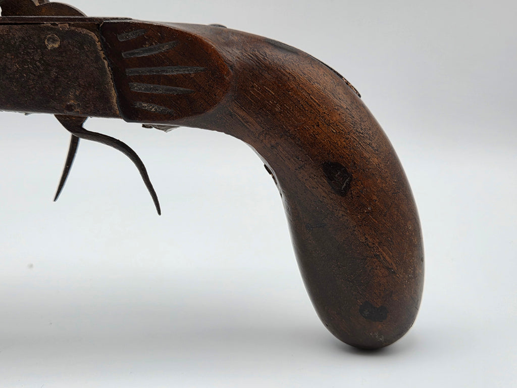 Antiek Dubbelloops Percussie Pistool (ca. 1850) in Wandvitrine – Unieke Militaria Wanddecoratie