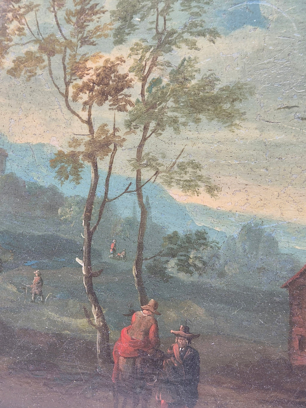 Handgeschilderd landschap op dienblad met reizigers en hoge bomen in blauw groen