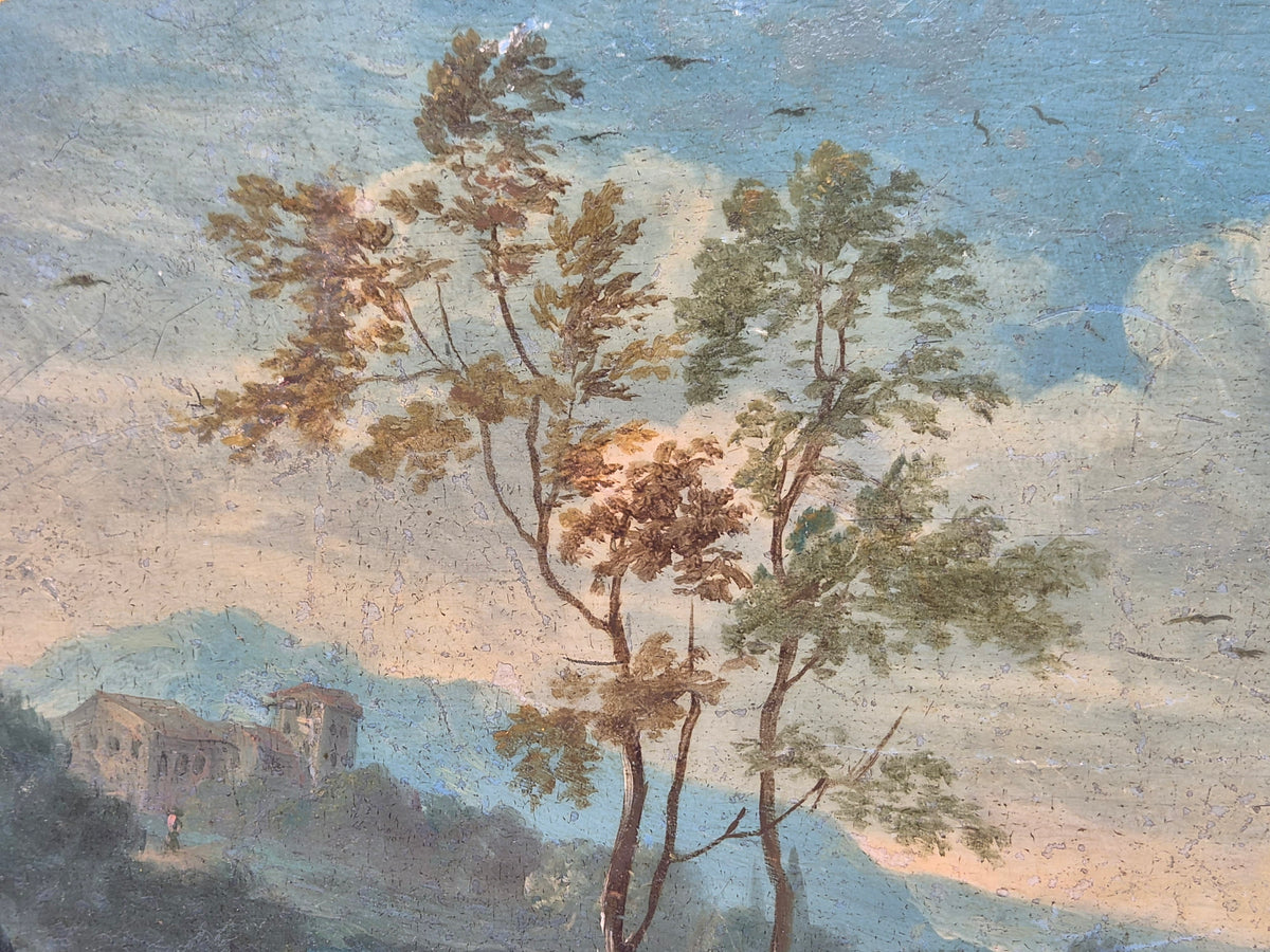 Handgeschilderd boomlandschap op dienblad met blauwe lucht en bruine stammen