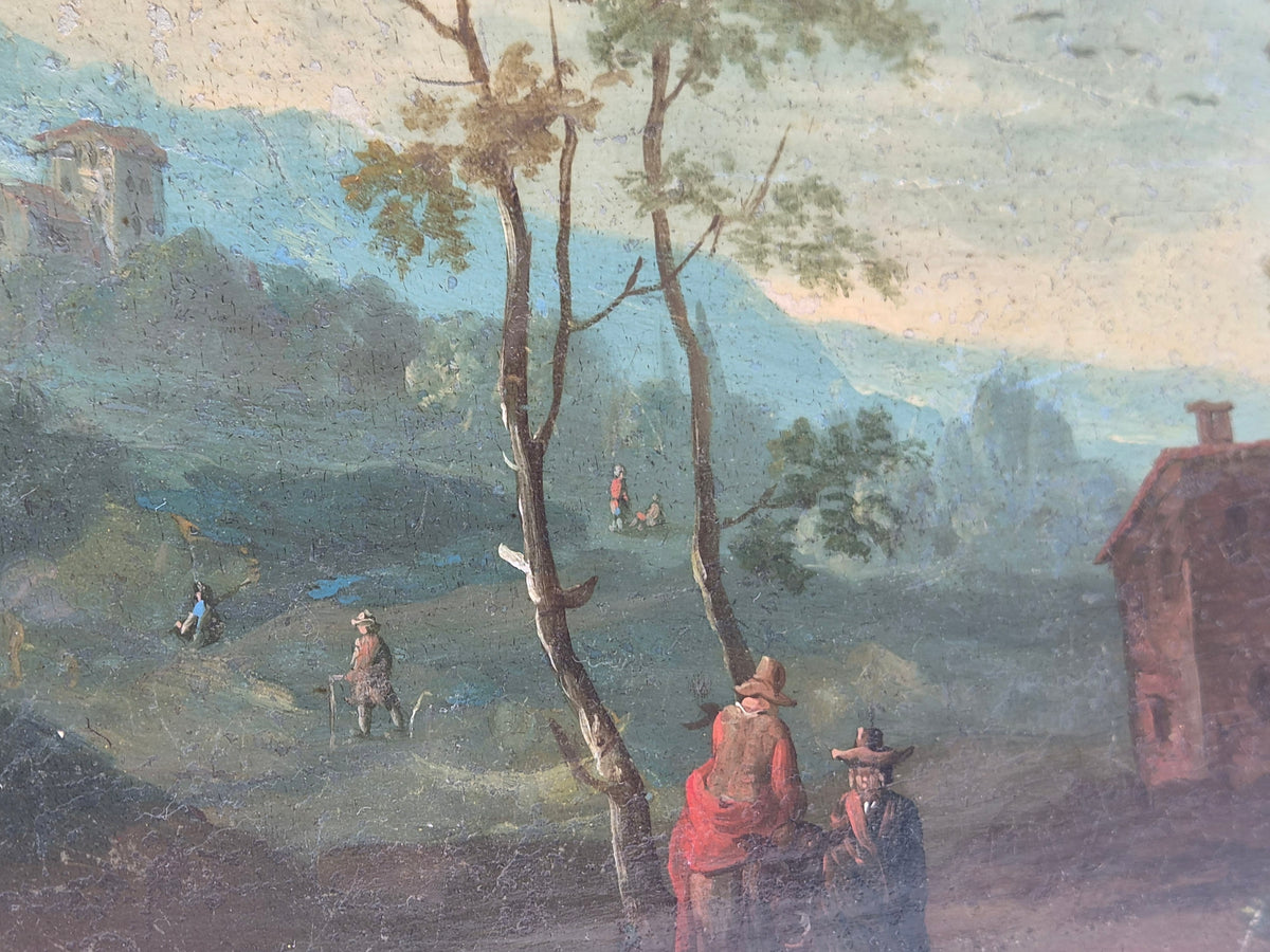Handgeschilderd landschap op dienblad met figuren, bomen en een rood huis