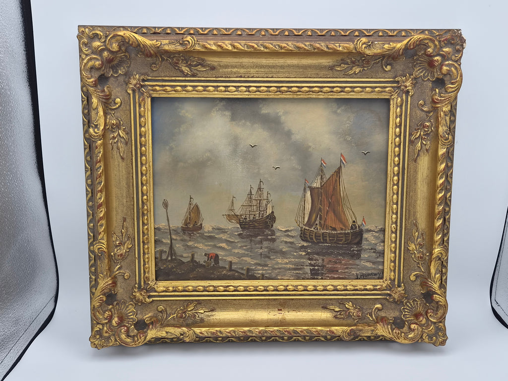 Gesigneerd J. Moorwyk – Hollands Maritiem Gezicht met Zeilschepen