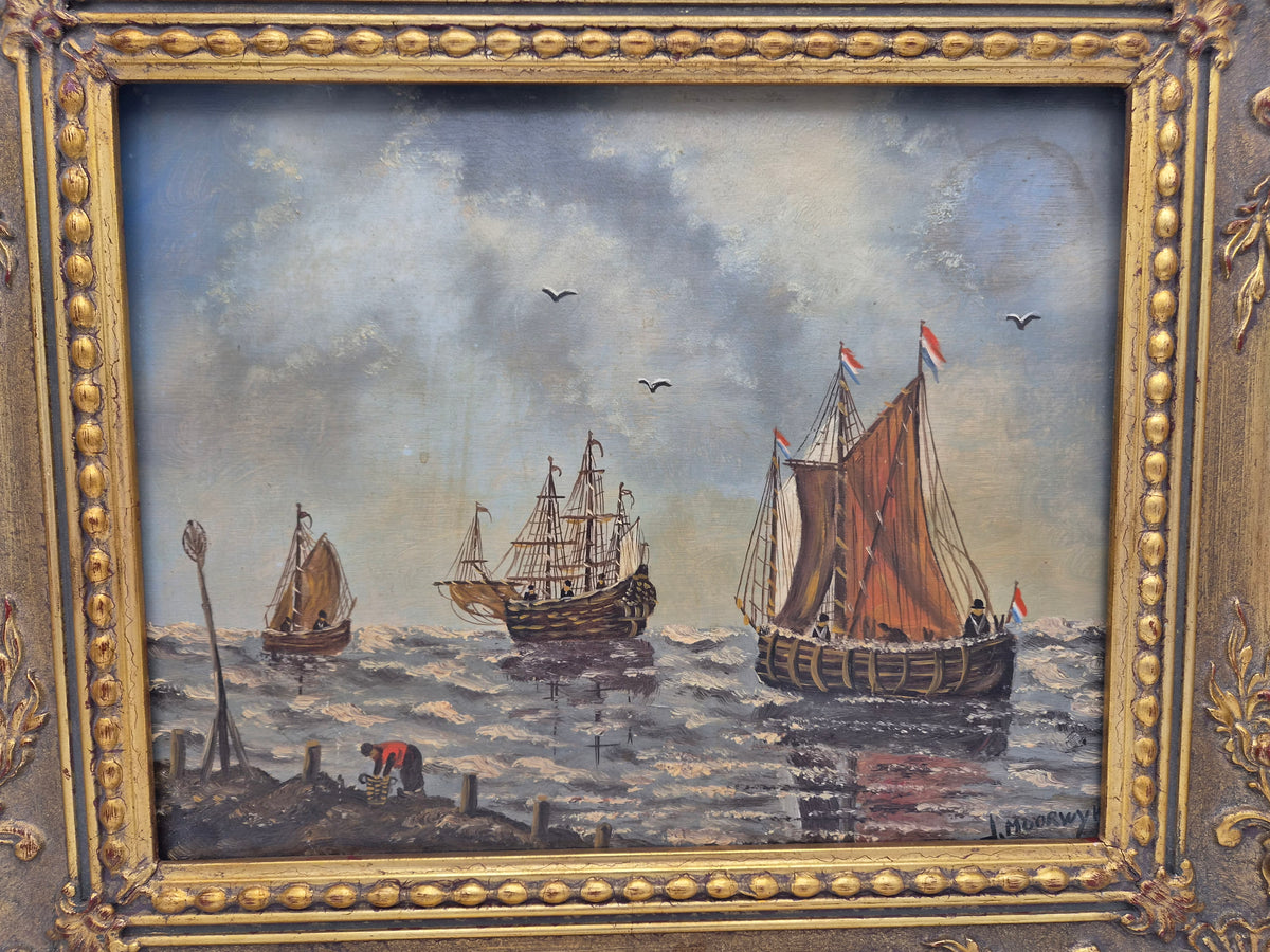 Gesigneerd J. Moorwyk – Hollands Maritiem Gezicht met Zeilschepen