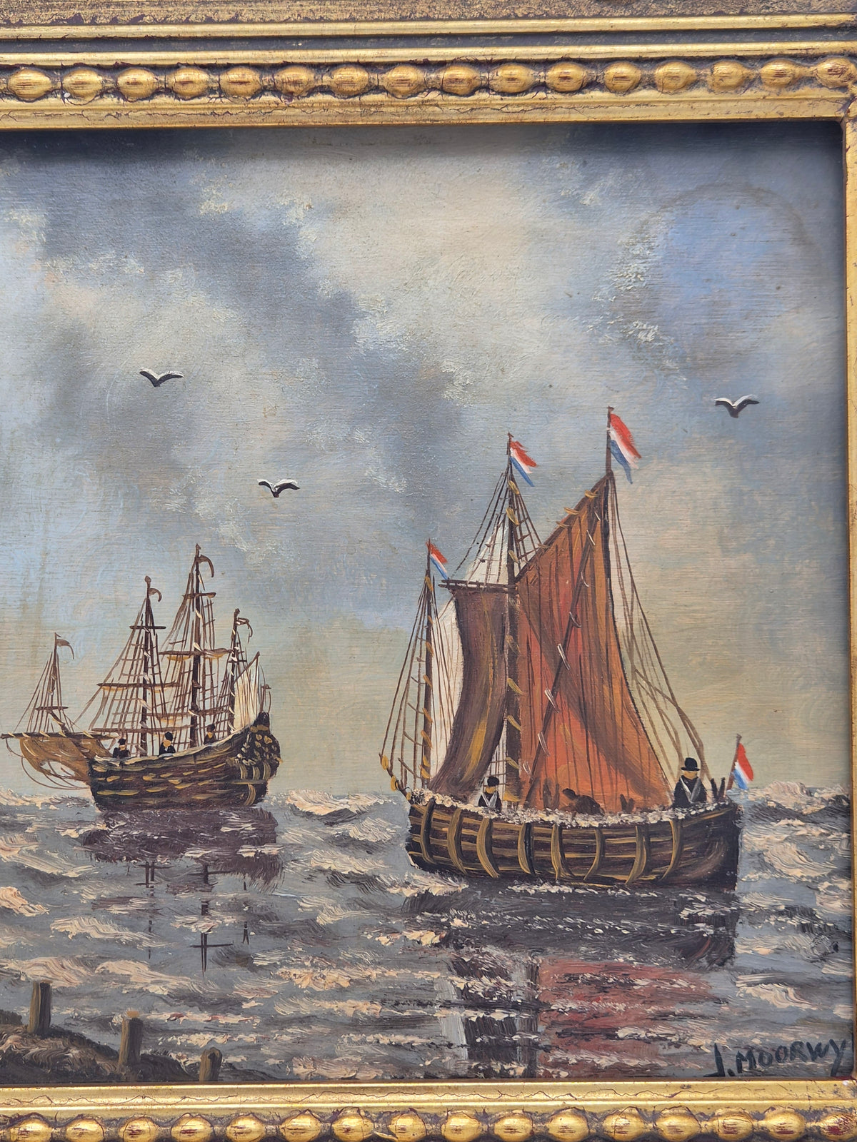Gesigneerd J. Moorwyk – Hollands Maritiem Gezicht met Zeilschepen