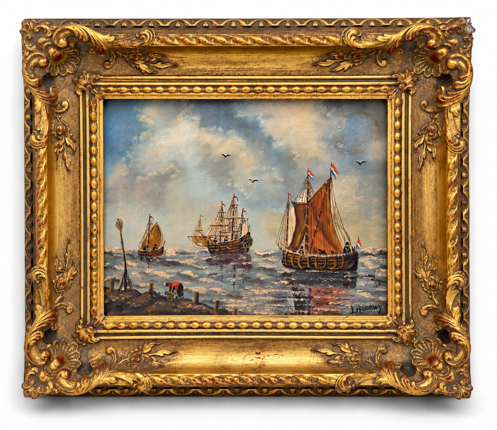Gesigneerd J. Moorwyk – Hollands Maritiem Gezicht met Zeilschepen