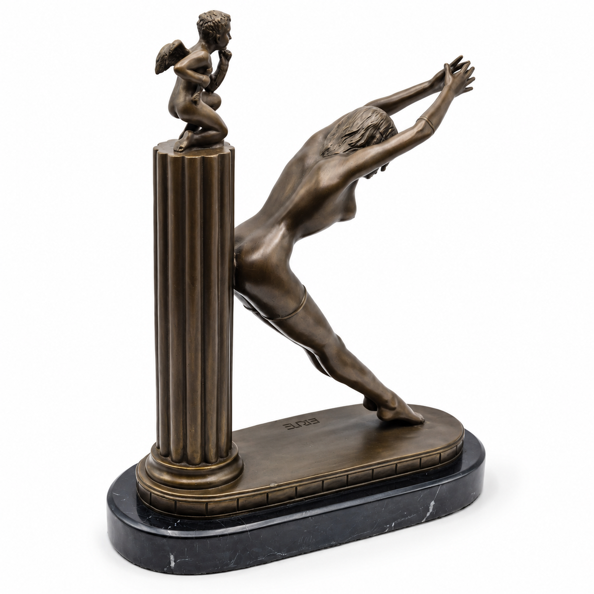 Art Deco Bronzen Beeld  – naar Erté – Dame met Cupido op Marmeren Voet