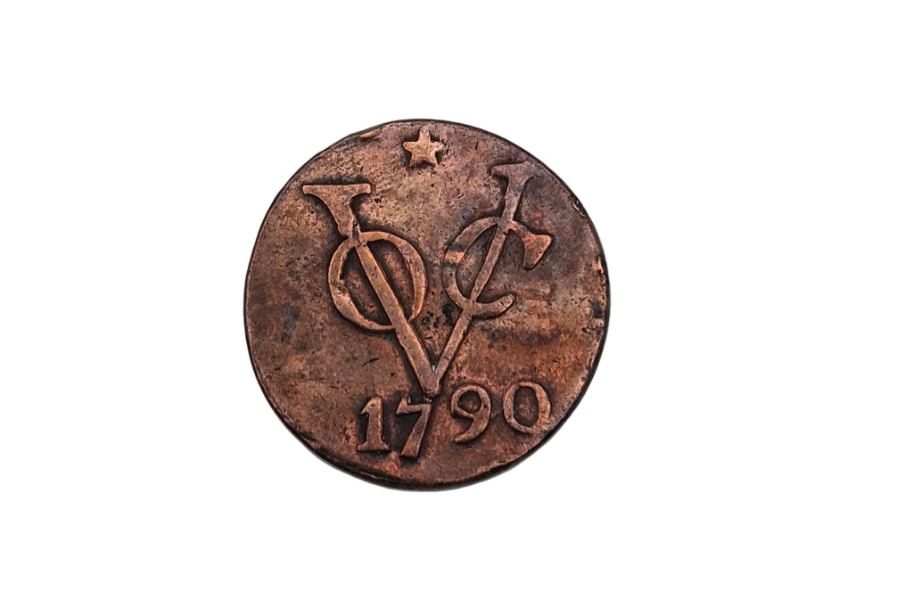 Dubbele duit VOC-munt uit 1790 – Utrecht- voorkant van de munt met het VOC monogram en het jaartal 