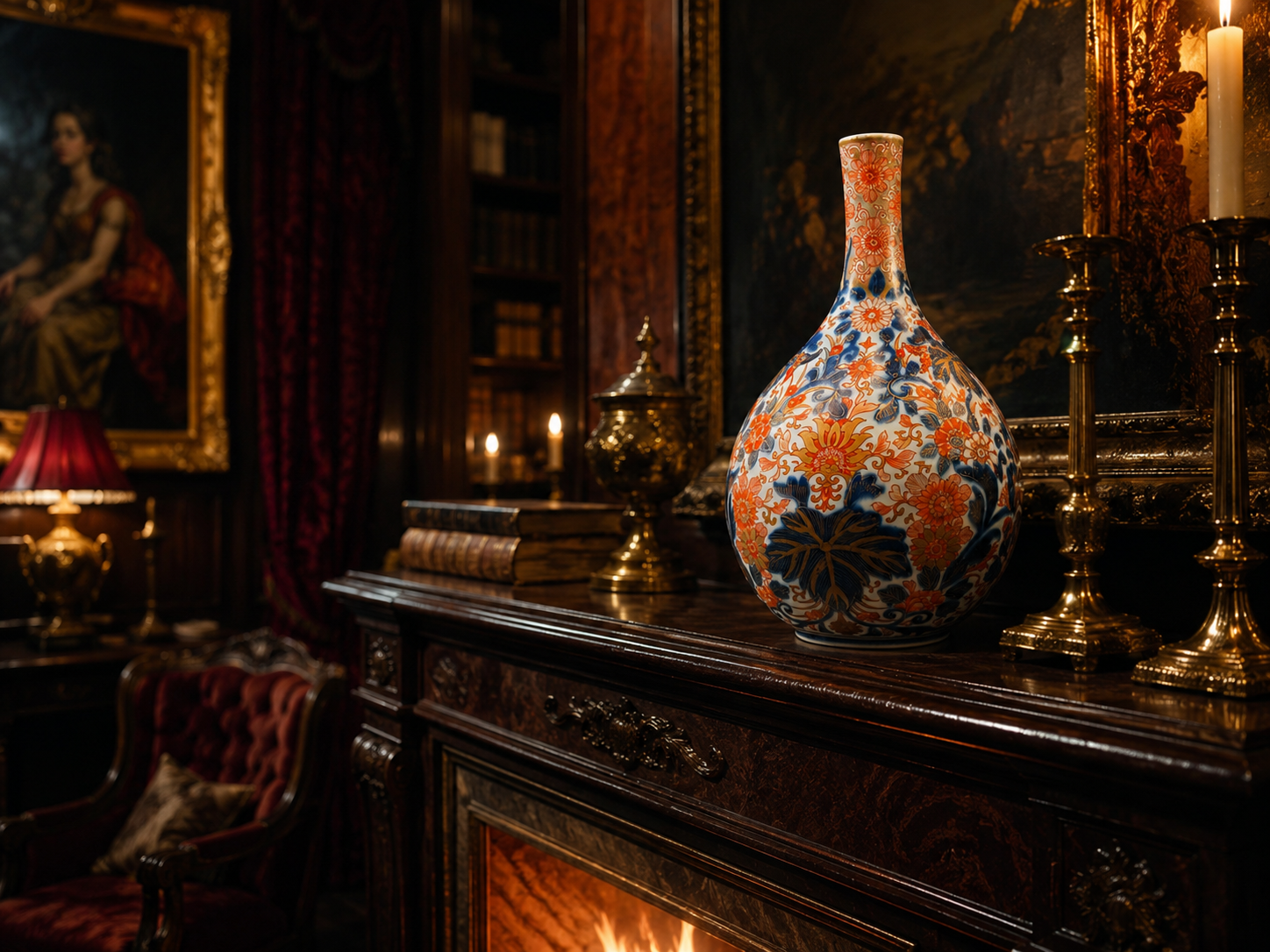 Exclusieve Antieke Japanse Imari Flesvaas – Handgeschilderd Porselein met Gouden Accenten en Authentiek 'Fuku' Merkteken (19e Eeuw)