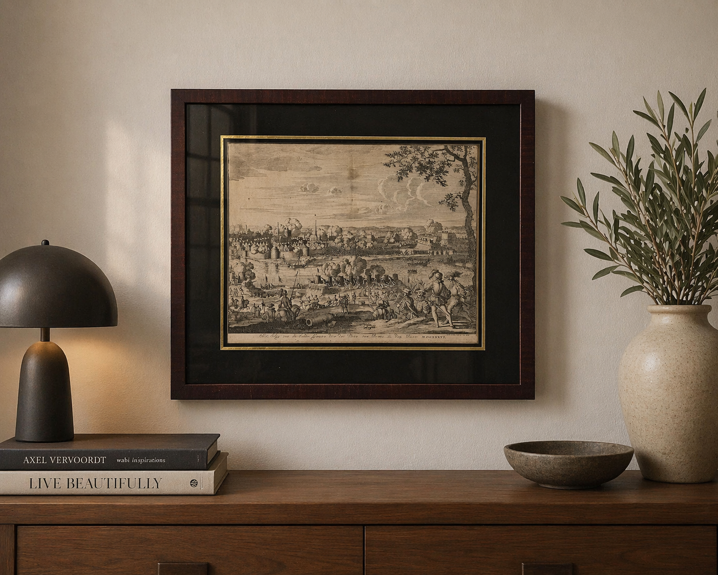 Antieke kopergravure “Het Beleg van Grave” – Jan Luyken – ingelijst historisch tafereel