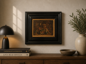 18e-eeuws olieverfschilderij op eiken paneel – Herberginterieur – Noordelijke School – ingelijst