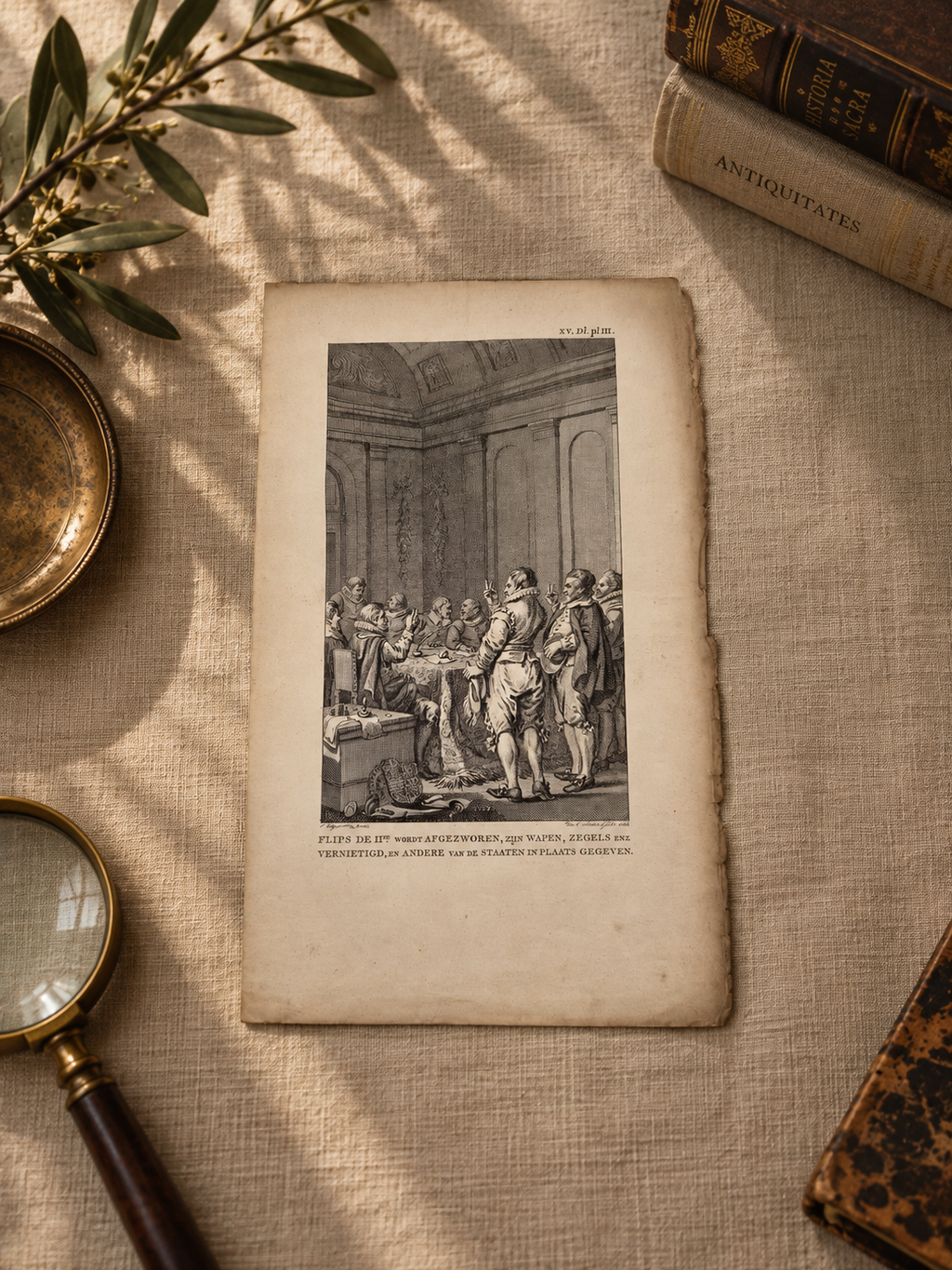 Originele 18e-eeuwse ets van het afzweren van Filips II in 1581. Naar Jacobus Buys, door Reinier Vinkeles, 1786. Bijzondere Nederlandse historieprent.