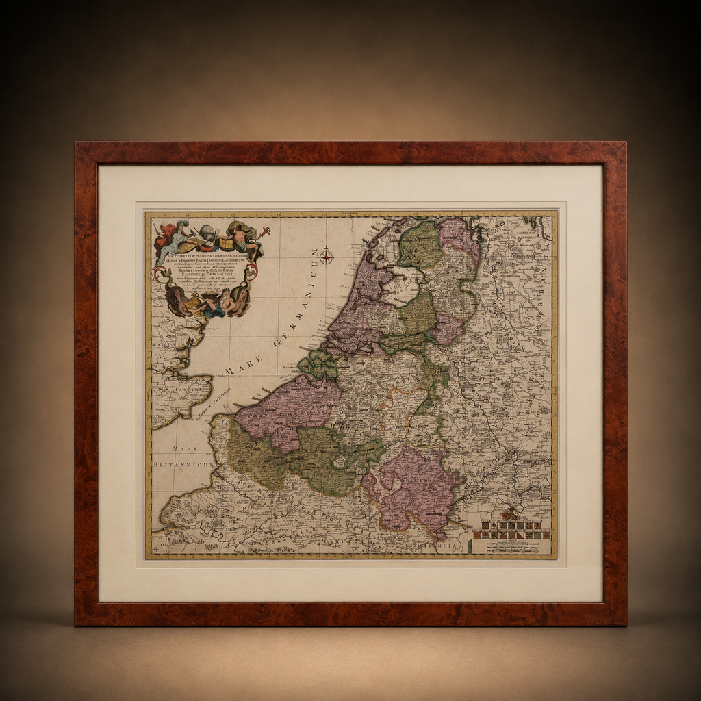 Antieke Handgekleurde Kaart van de Zeventien Provinciën – Petrus Schenk naar Nicolaes Visscher (1704) – Ingelijst