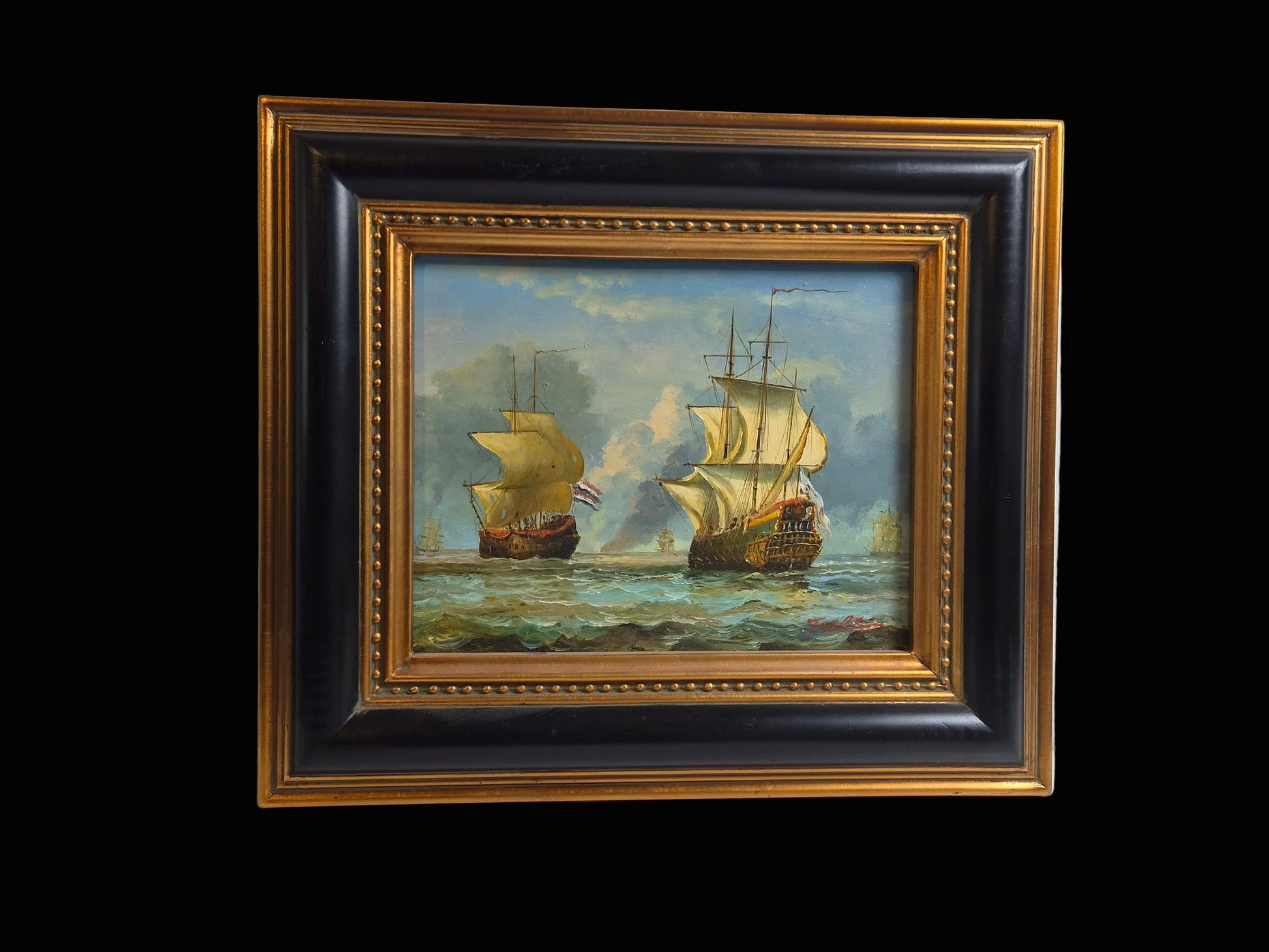 Maritiem olieverfschilderij op paneel – “Fulton” – zeilschepen op zee – ingelijst