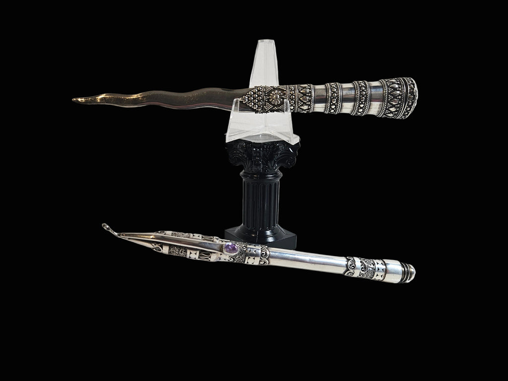 Oosterse 925 Zilveren Briefopener en Schrijfinstrument – Filigrain Zilverwerk met Amethistkleurige Steen