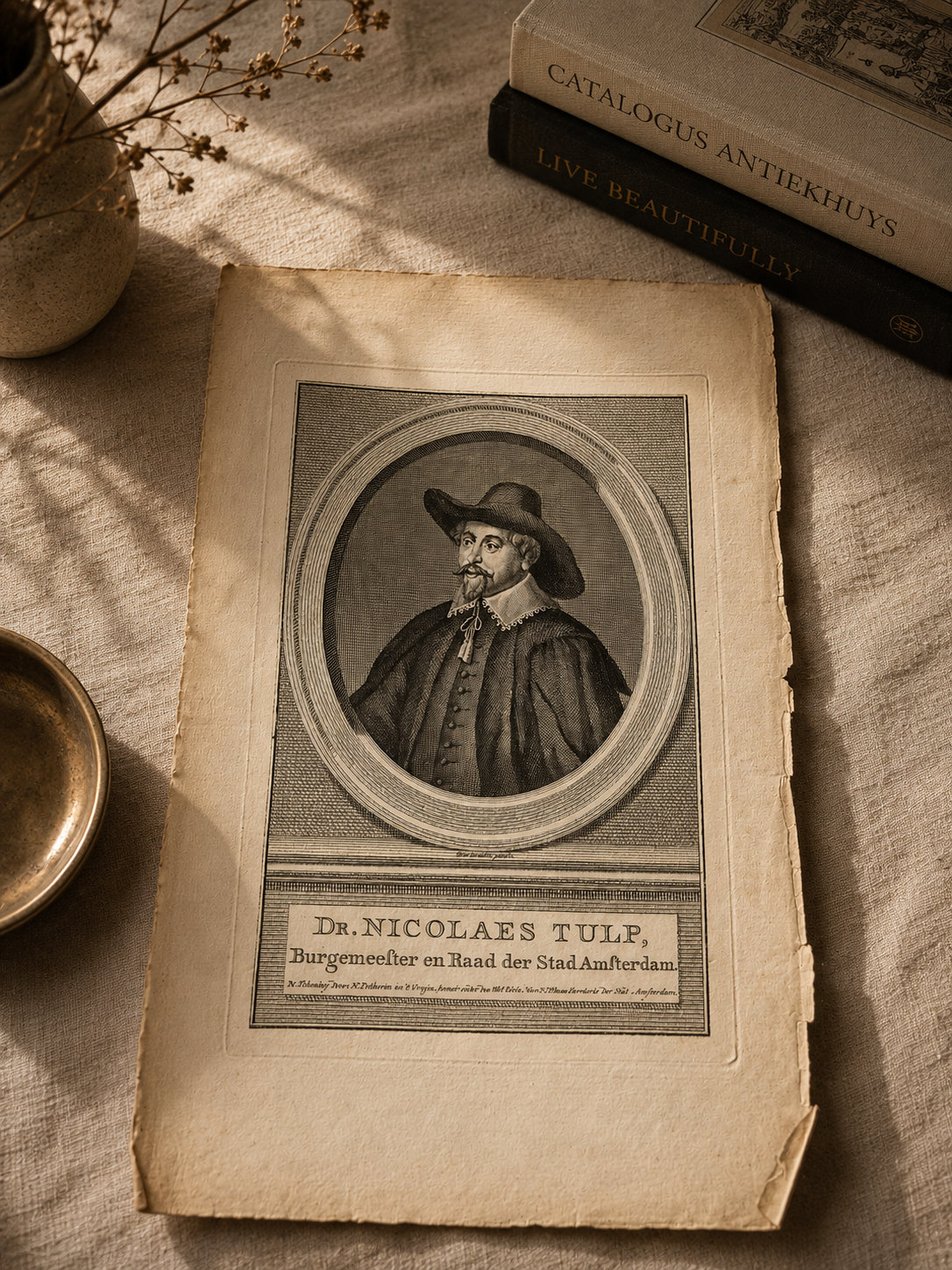 Originele antieke kopergravure van Dr. Nicolaes Tulp, burgemeester van Amsterdam en bekend van Rembrandts Anatomische Les. Historische prent op handgeschept papier.