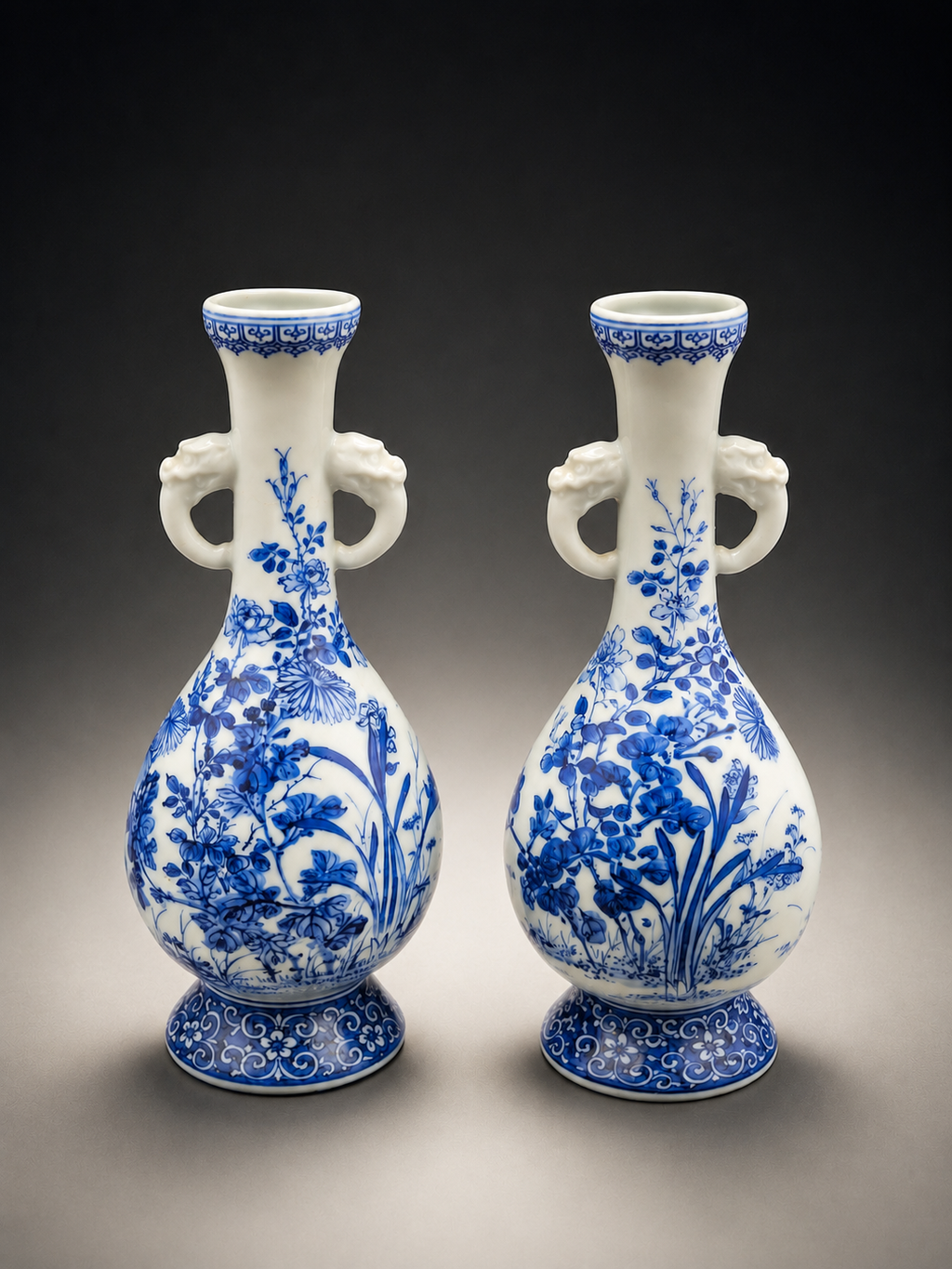 Koppel Antieke Chinese Blauw-Witte 'Garlic-head' Vazen met Drakenoren – Ca. 1900