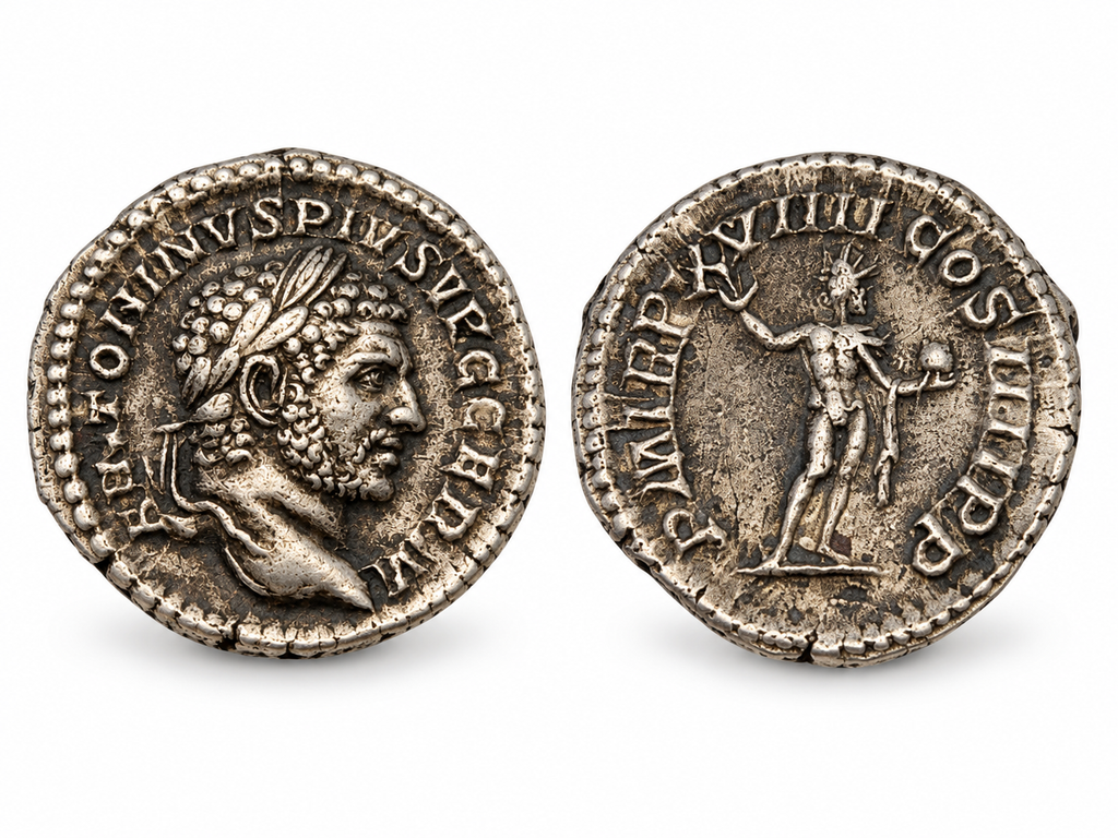Romeinse zilveren denarius van Caracalla – Sol, ca. 216 n.Chr.