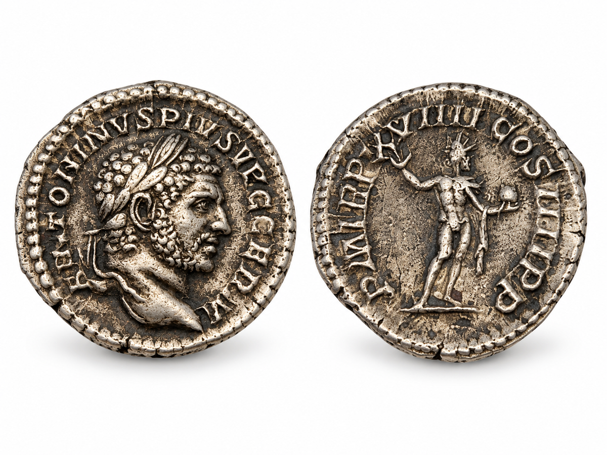 Romeinse zilveren denarius van Caracalla – Sol, ca. 216 n.Chr.