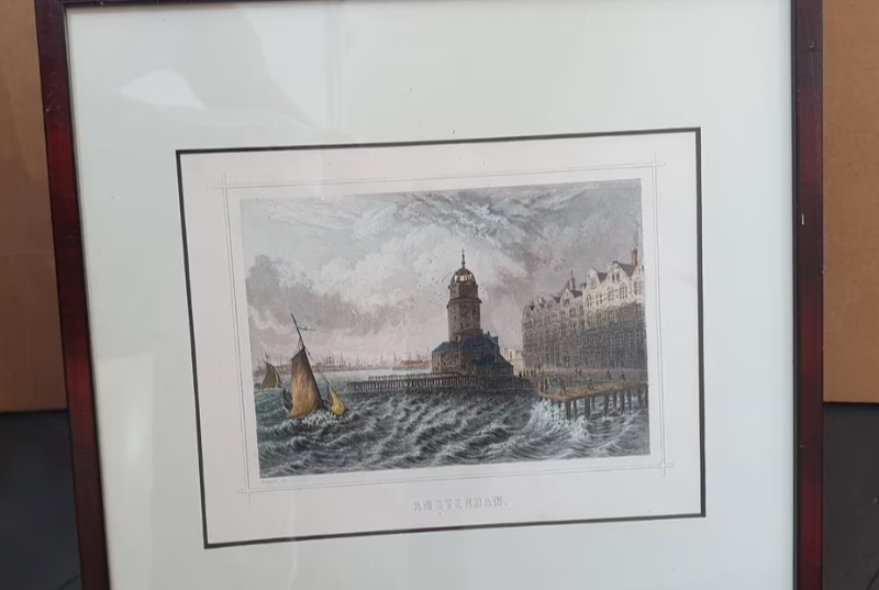 Gravure - Haringpakkerstoren Amsterdam - Ingekleurd met hand