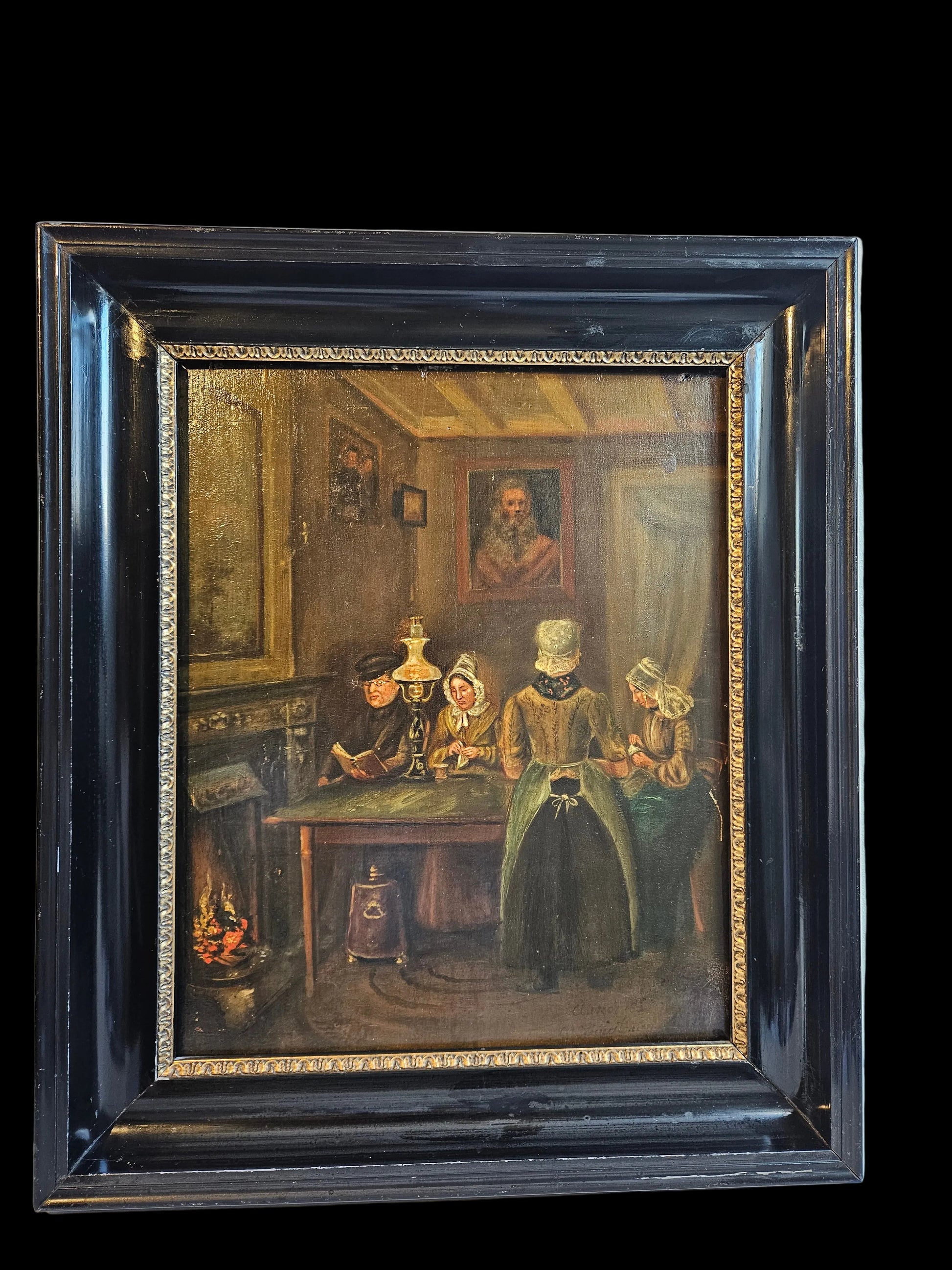 Sfeervol 19e-eeuws interieurtafereel – Figuren bij kaarslicht, olieverf op paneel