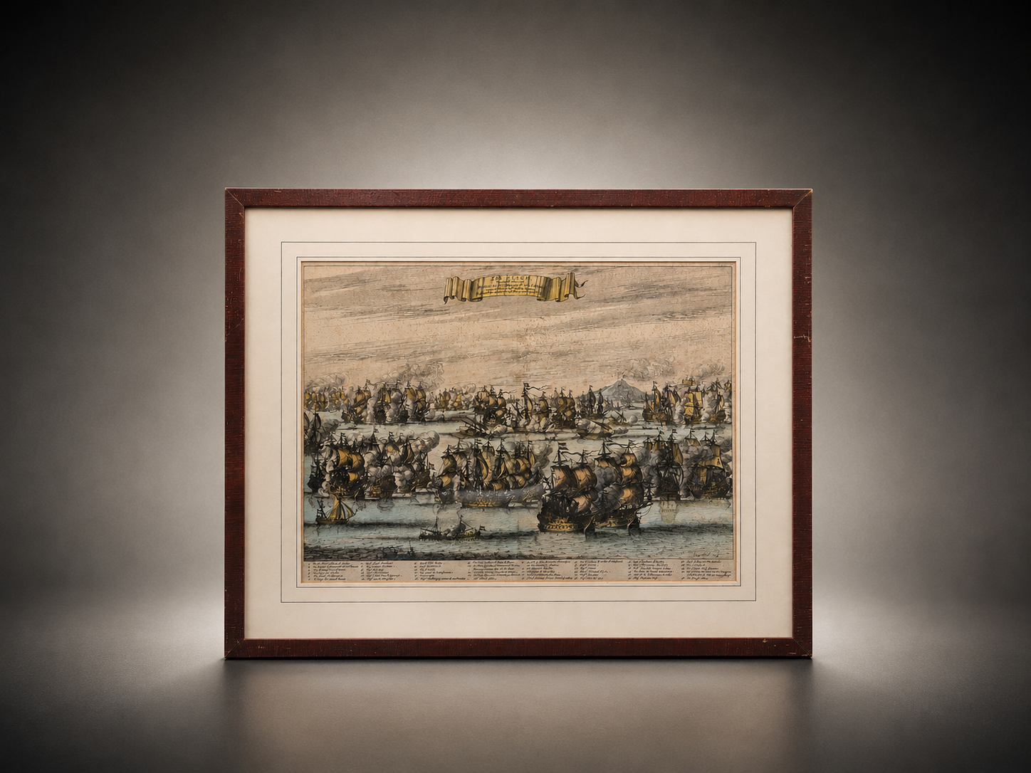 Antieke Handgekleurde Kopergravure 'Zee-Slagh van Michiel de Ruyter' (1676) – Daniel Stoopendaal