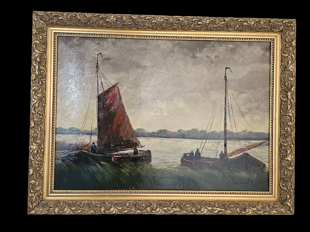 Olieverfschilderij op Paneel – Hollandse School – Vissersboten in Rietkraag