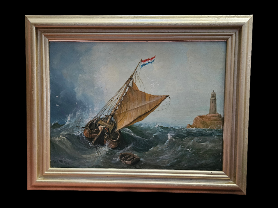 "Nederlandse Vissersboot in Ruwe Zee" – Jan van de Meer – 1994 – Olieverf op paneel