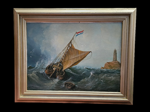"Nederlandse Vissersboot in Ruwe Zee" – Jan van de Meer – 1994 – Olieverf op paneel