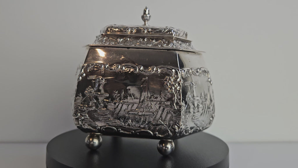 Antique Silver Tea Caddy – H. Hooijkaas Schoonhoven – Handmade Silverware with Relief Decoration