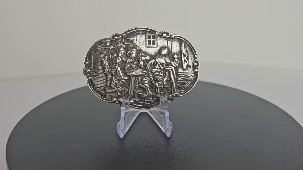 Antique silver brooch with tavern scene – c. early 20th century